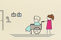 In einer im Comic-Stil erstellten Zeichnung schiebt eine Figur im pinken Kleid eine ältere Dame im Rollstuhl. 