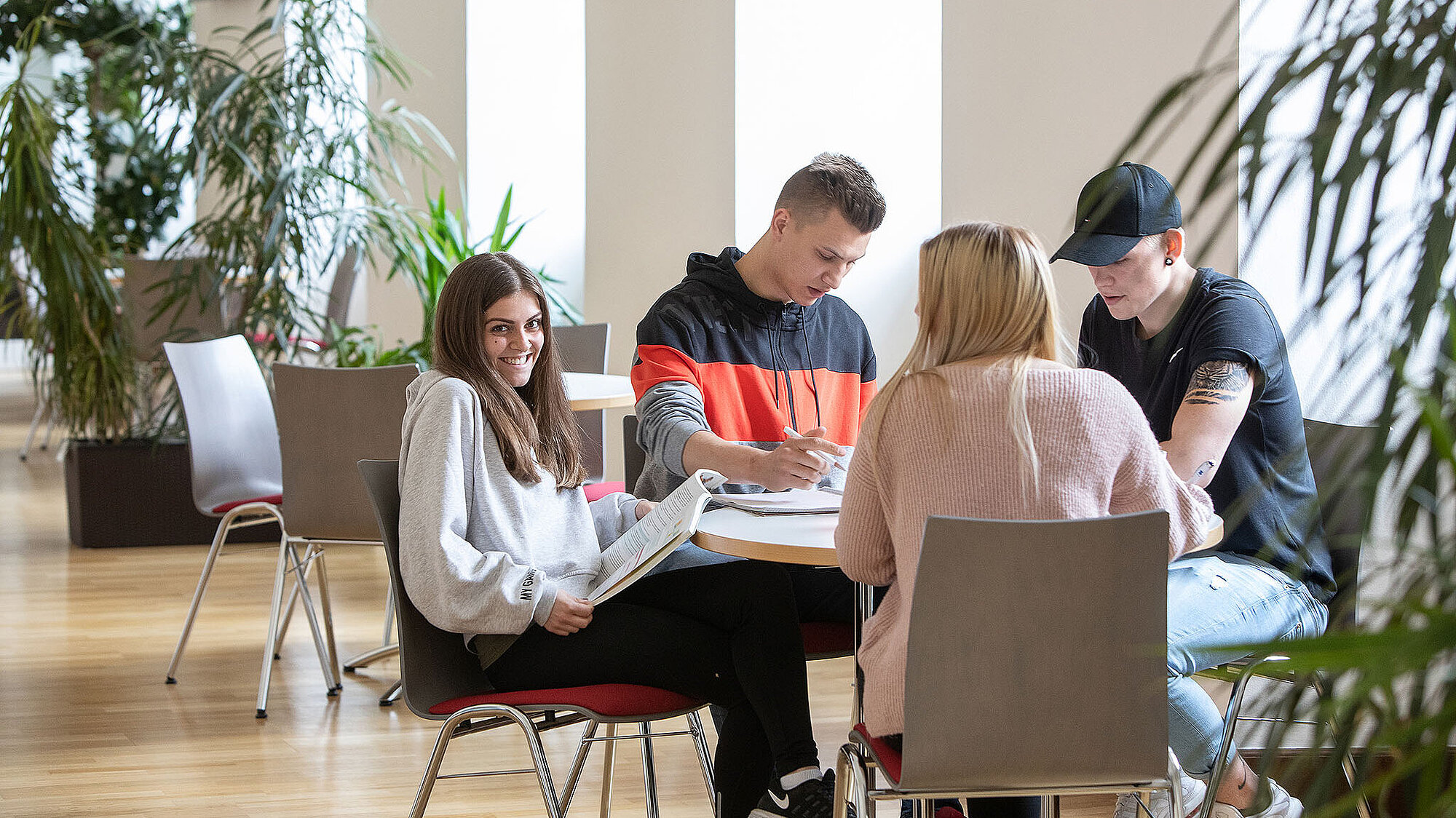 Berufsschüler der Pflege sitzen an einem Runden Tisch und lernen. Es sind zwei Mädchen und zwei junge Männer zu sehen.