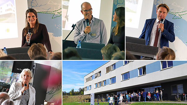 Die Fotos in dieser Collage zeigen zwei Frauen und zwei Männer, die jeweils mit Mikrofon in der Hand vor Publikum sprechen, sowie eine Außenansicht des Klinikgebäudes Wangen, vor dem zahlreiche Gäste der Jubiläumsfeier stehen und sich unterhalten.