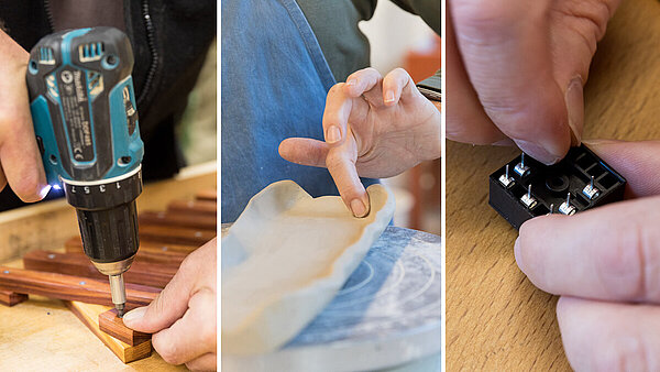 Das Foto besteht aus drei Fotos nebeneinander, die in Nahaufnahme drei handwerkliche Tätigkeiten zeigen.