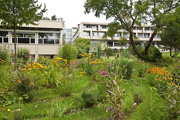 Mehrstöckiger Betonbau in einem blühenden Park.