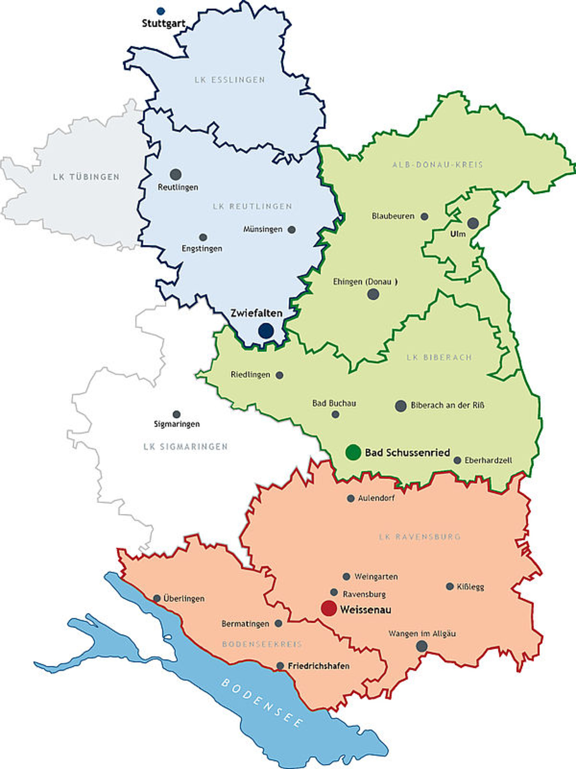 Das ZfP Südwürttemberg ist in 3 Gebiete unterteilt, welche auf der Karte farblich hinterlegt voneinander abgegrenzt dargestellt werden.