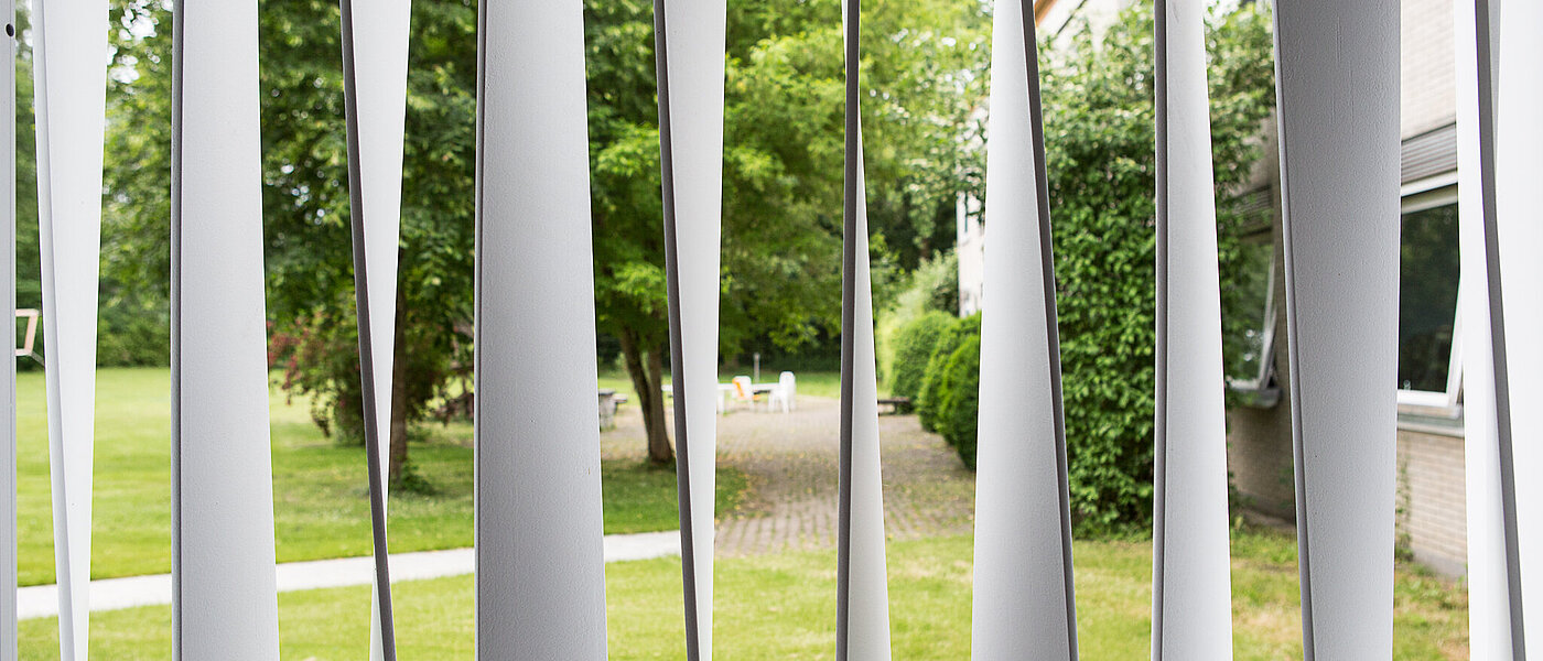 Blick in den Garten mit halbgeschlossenen Lamellen