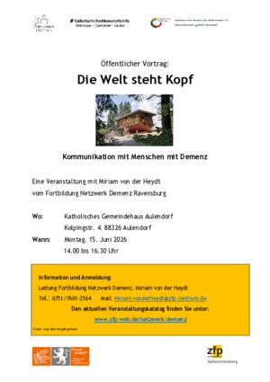 Fortbildung "Die Welt steht Kopf - Kommunikation mit Menschen mit Demenz" am 15. Juni 2026 in Aulendorf