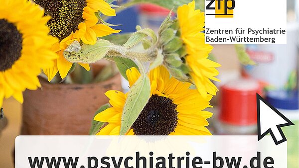 Man sieht im Hintergrund ein Motiv mit Sonnenblumen und davor die URL www.psychiatrie-bw.de