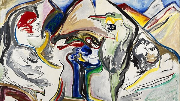 Gemälde von Jacqueline de Jong namens Le jour des Montagnes philosophiques, 1984, Öl auf Leinwand, 200 × 300 cm, Privatsammlung, Brandwijk.