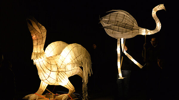 Zwei Leuchtobjekte - Drachen und Flamingo