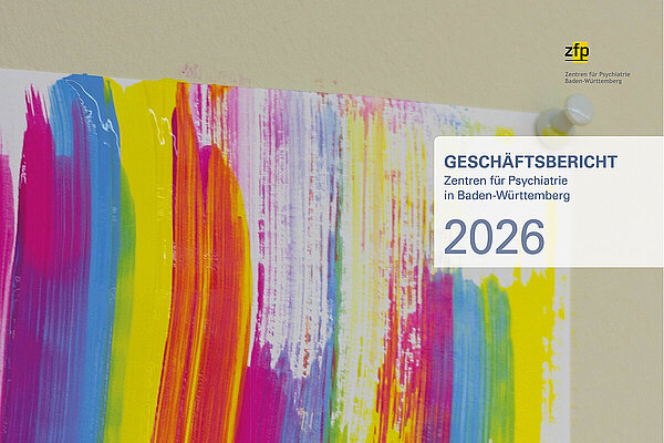 Das Bild zeigt bunte Farbstreifen auf grauem Grund - es handelt sich um das Cover des Geschäftsberichts 2026 der ZfP-Gruppe Baden-Württemberg.