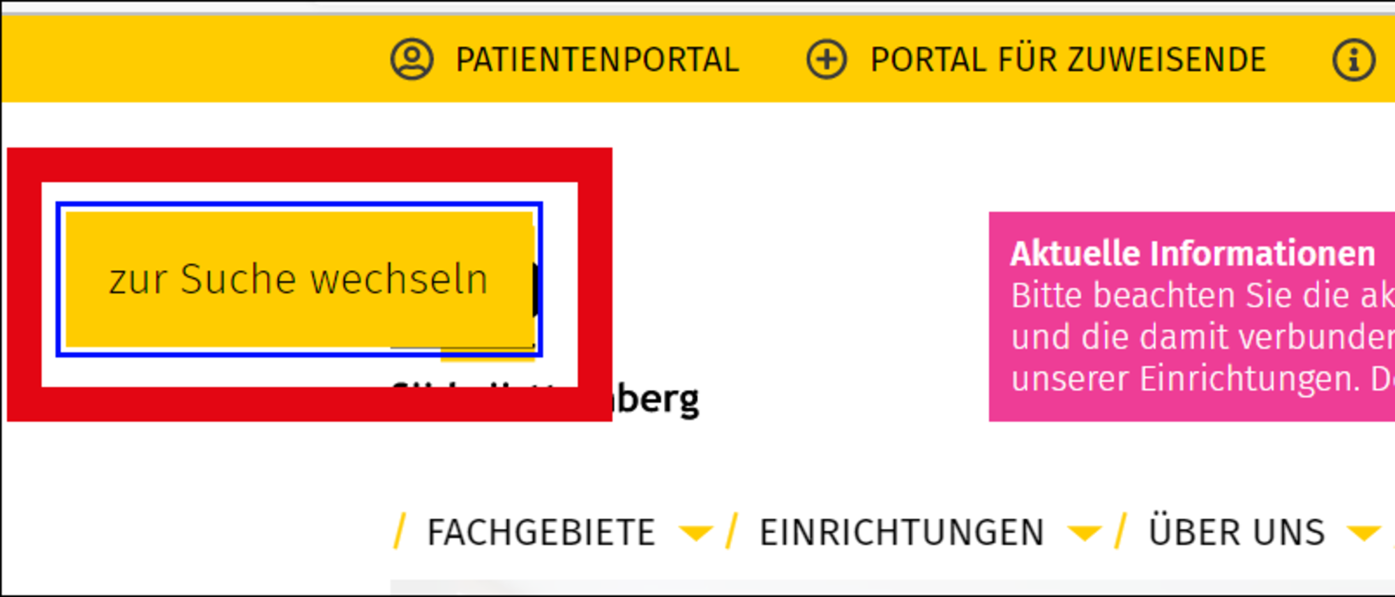 Im oberen Bereich der Startseite ist die das Feld "zur Suche wechseln" markiert. 