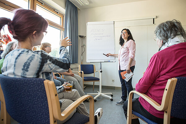 Schulungssituation. Eine Frau steht vor einem Flipchart und erklärt. Andere Personen hören zu.