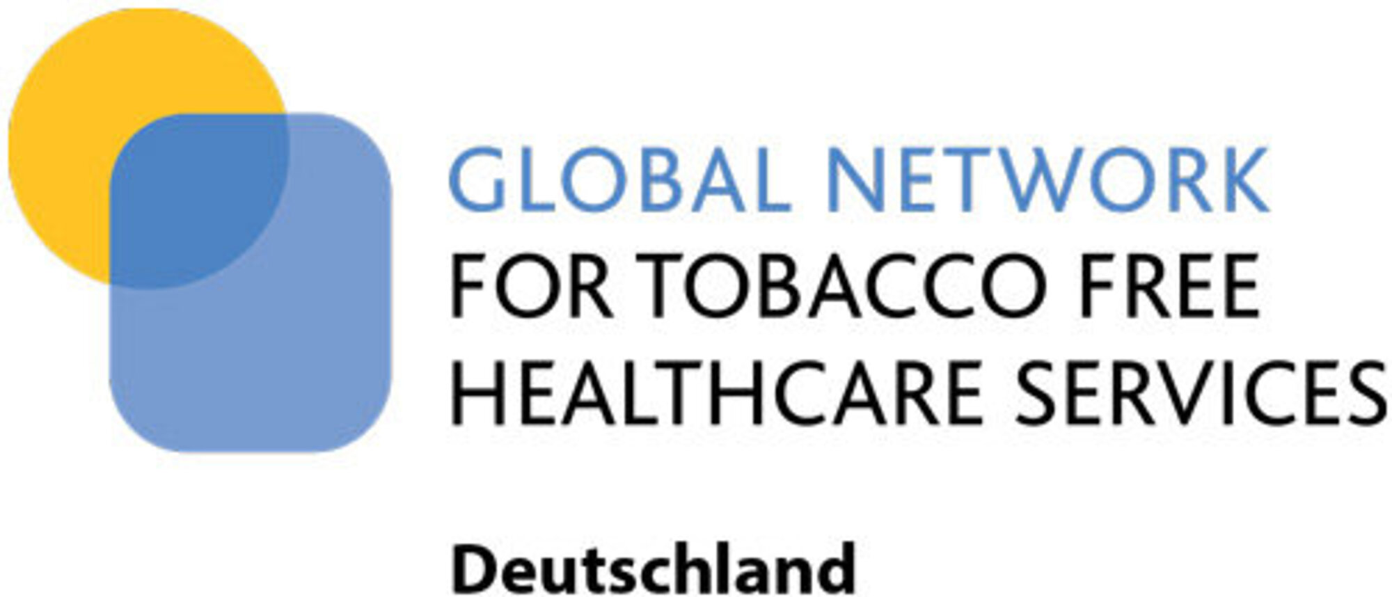 Logo von Global Network, for tobacco free healthcare services Deutschland. Links ist ein gelber Kreis und ein blaues Viereck mit abgerundeten Ecken zu sehen.