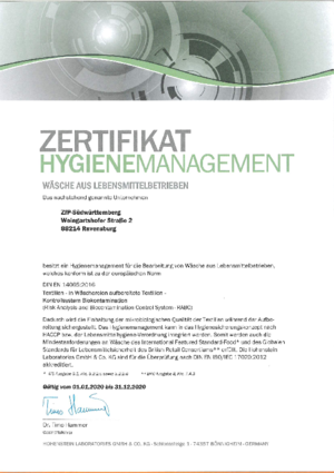 Zertifikat Hygienemanagement Wäsche aus Lebensmittelbetrieben