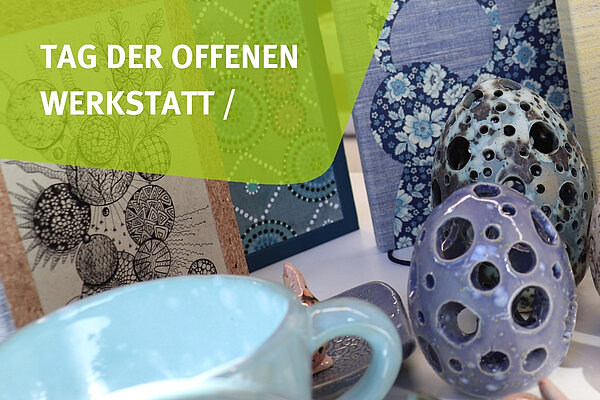 Eine kleine Auswahl handwerklich gefertigter Produkte wie eine Tasse, Deko aus Ton sowie fein gestaltete Notizblöcke.