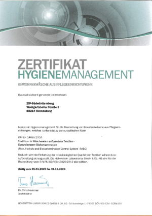 Zertifikat Hygienemanagement Bewohnerwäsche aus Pflegeeinrichtiungen