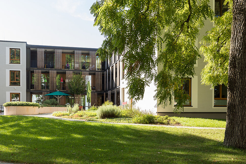 Im Vordergrund ist eine Wiese, die von einem großen Baum rechts beschattet wird. Dahinter ist ein mehrstöckiges Gebäude mit Balkonen in der Sonne.