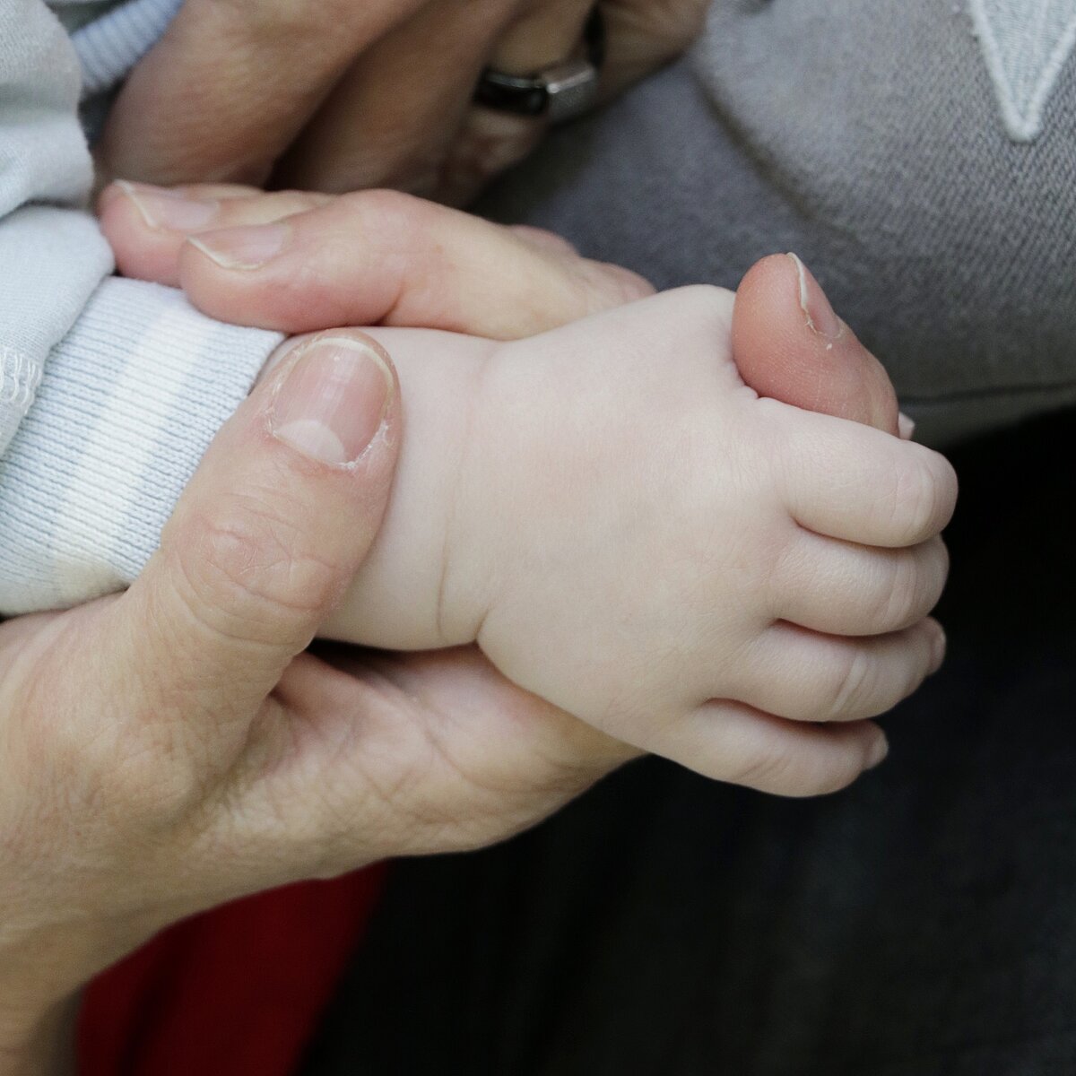 Nahaufnahme einer erwachsenen Hand, die die Hand eines Neugeborenen hält.